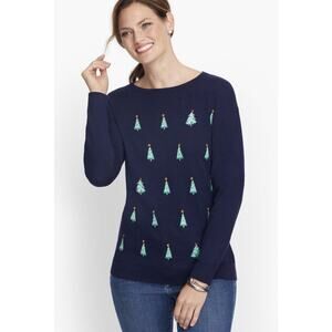 Talbots Womens Christmas Tree Sweater Navy Blue XL ugly holiday embroidered
